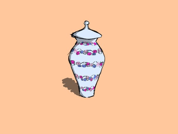 Lidded white ceramic vase with pink and blue floral bands on a peach background