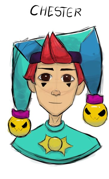 Character study of a jester named Chester with a red and blue hat and two yellow skull bells
