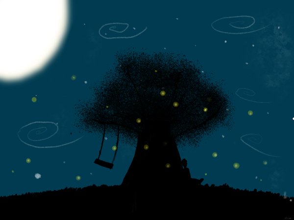 Night silhouette of a tree with a swing, fireflies glowing around it under a full moon