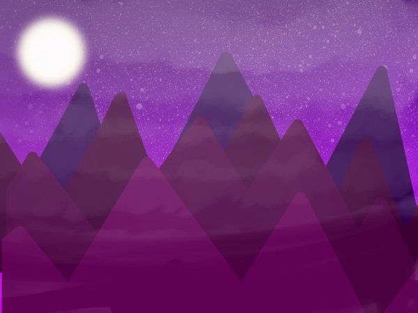 Layered purple mountain ridges under a full moon