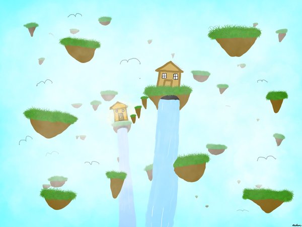 Floating grass islands with small houses and waterfalls pouring off the edges into a pale sky