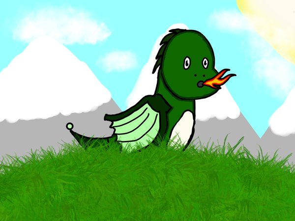 Cartoon green dragon breathing fire on a grassy hill in front of snowy mountains