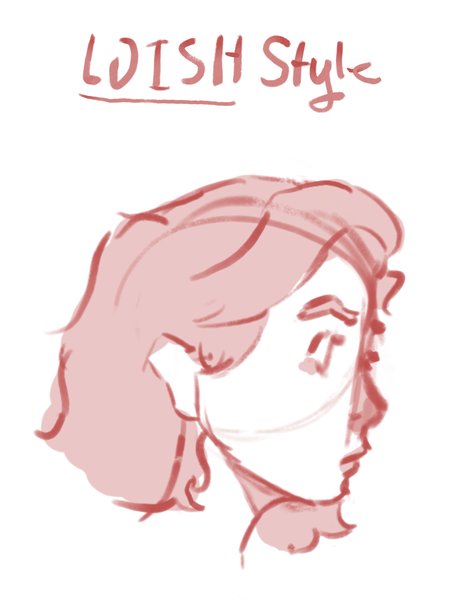 Loose red sketch of a woman's head in profile, labeled Loish style