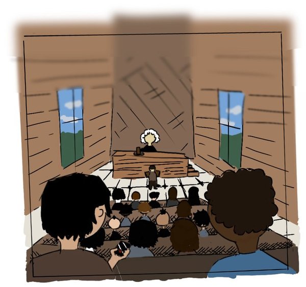 Courtroom drawn from the back row, over the heads of two people in the audience