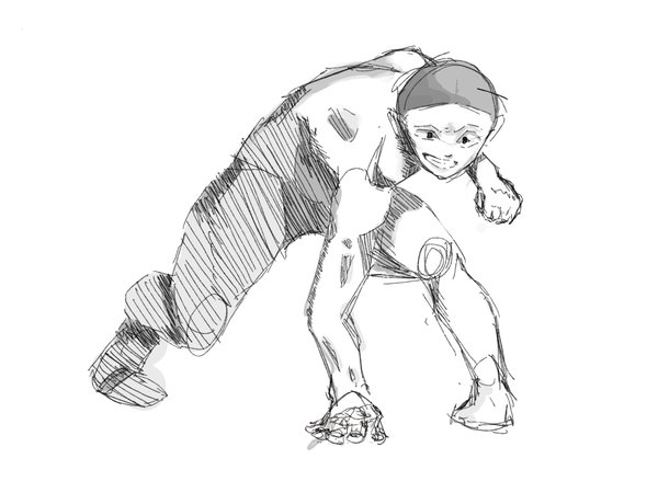 Pencil sketch of a crouching goblin with a clenched fist