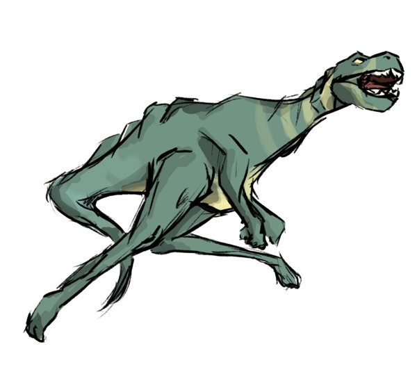 Creature design sketch of a green T-rex crossed with an ostrich, running