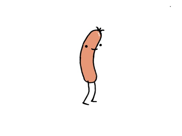 Cartoon sausage with two dot eyes, a small smile and a pair of thin legs, walking