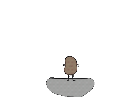 Animated drawing of a small brown potato with legs standing and wobbling on a grey rock