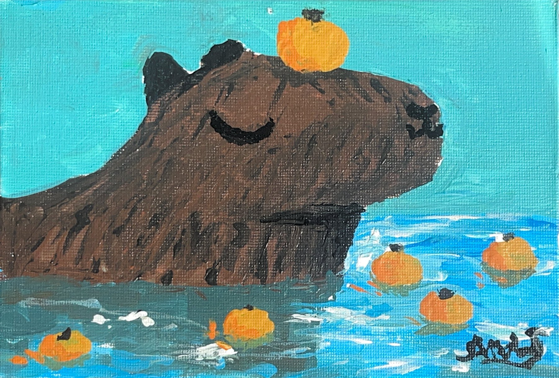 Capybara and oranges, acrylic on canvas